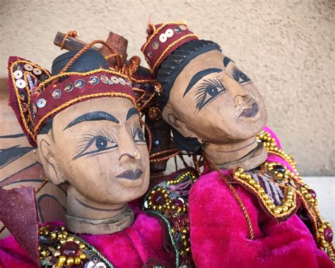 Pair Of Myanmar Burmese Puppets Made Of Wood With Ornate Velvet