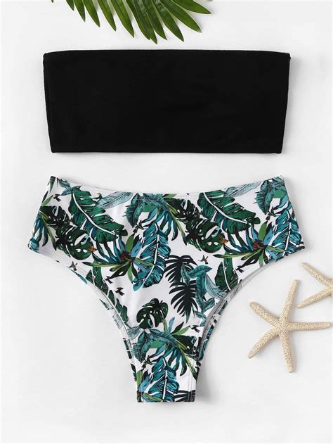 bandeau with random tropical high waist bikini swimsuit bathingsuits bikinis swimwear