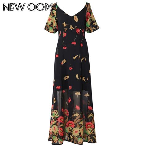 New Oops Retro Floral Printed Maxi Dresses 2017 Women Vintage Chiffon V