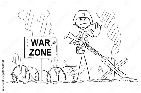 Cartoon Stick Drawing Conceptual Illustration Of Modern Soldier In Full