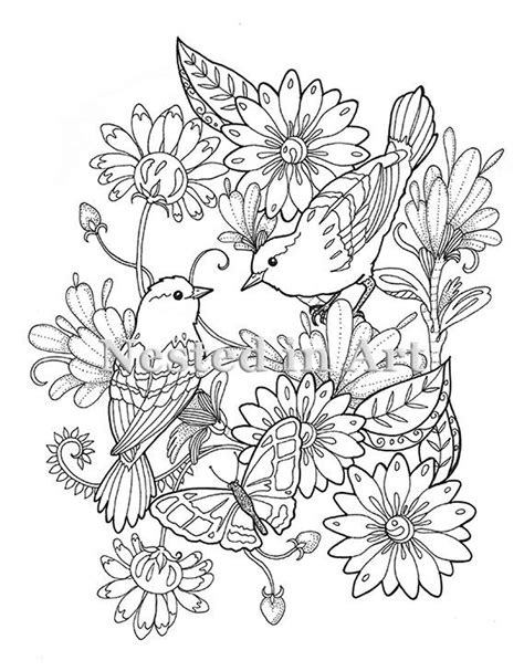 Adult Coloring Page 2 Birds And Butterfly Floral Design Digital