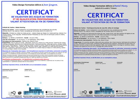 Certificat Validation Acquis Qualification Vdf Video Design Formation