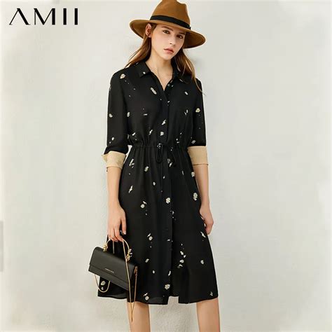 Amii Minimalism Autumn Dresses For Women Fashion Causal Lapel Pinted Elastic Waist Chiffon Dress