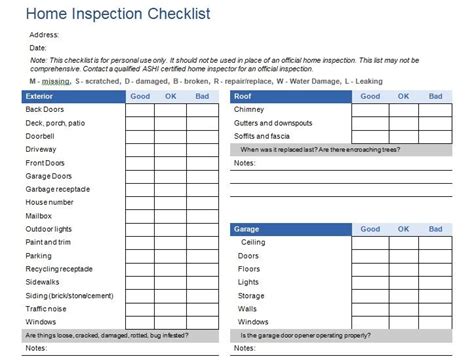 home inspection checklist template excel  word