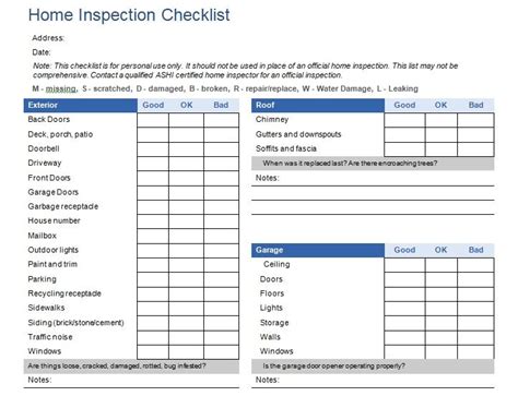 home inspection checklist template excel  word inspection