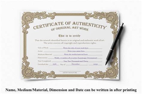 Printable Blank Pdf Certificate Of Authenticity For Artwork Etsy
