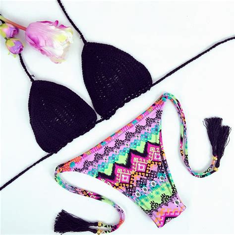 2017 women sexy black crochet triangle bikini top with print