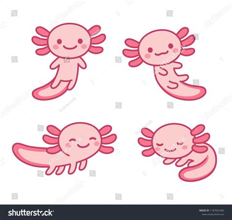 Cute Cartoon Axolotl Drawing Set Little Kawaii Pink Salamander Character Vector Illustration