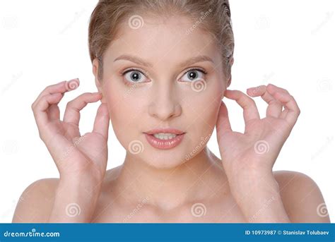 Portrait Of Beautiful Young Woman Holding Her Ears Stock Image Image