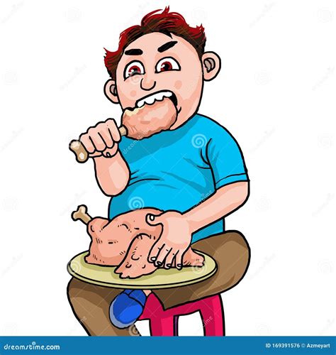 Cartoon Fat Boy Eat Big Fried Chicken Stock Vector Illustration Of