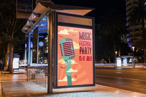 Psd file consists of smart objects. Bus stop billboard mockup in city at night | Free PSD File