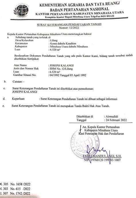 Surat Keterangan Pendaftaran Tanah Desa Lilang Gawai Co
