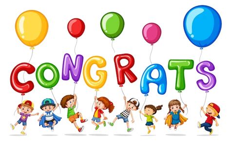 Premium Vector Many Children With Balloon Word Congrats