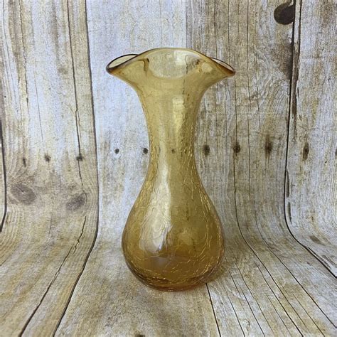 Vintage Amber Crackle Glass Vase Fluted Rim Top 7 Inches Tall Unbranded Crackle Glass Amber