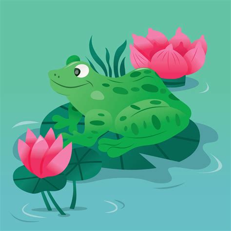 Cartoon Spotty Green Frog On Lily Pad In Pond Vector Art At