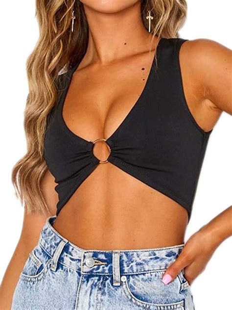 Crop Tops For Women Plunging Neckline Crop Top With Golden Ring Centrepiece At Amazon Womens