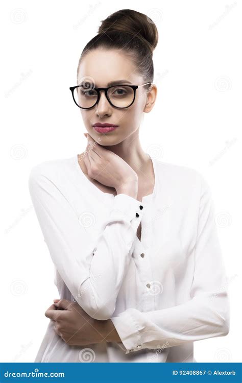 Female Portrait In Glasses On A White Background Stock Image Image Of Looking Optics 92408867