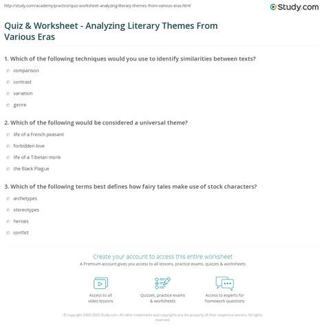 Quiz And Worksheet Analyzing Literary Themes From Various Eras