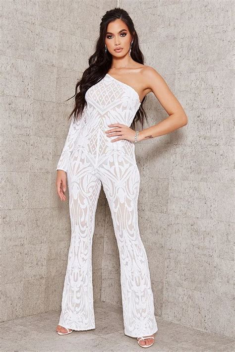 White Sequin Mesh One Shoulder Jumpsuit One Shoulder Jumpsuit Jumpsuit Sequins