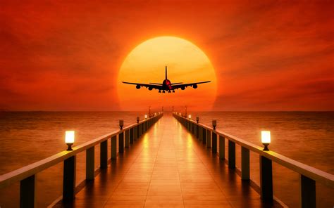 Download 3840x2400 Wallpaper Airplane Photoshop Pier Sunset 4k