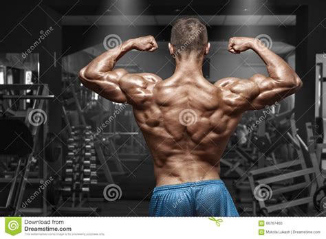 Rear View Muscular Man Posing In Gym Showing Back And Biceps Strong