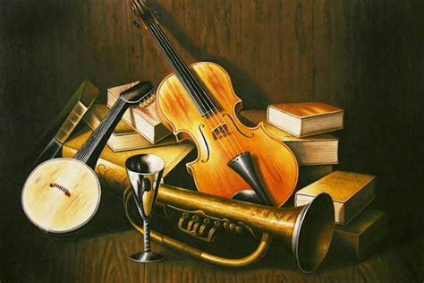 A Painting Of A Violin And Other Musical Instruments