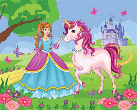 Beautiful Princess With White Unicorn Cute Fairy Fairytale Background