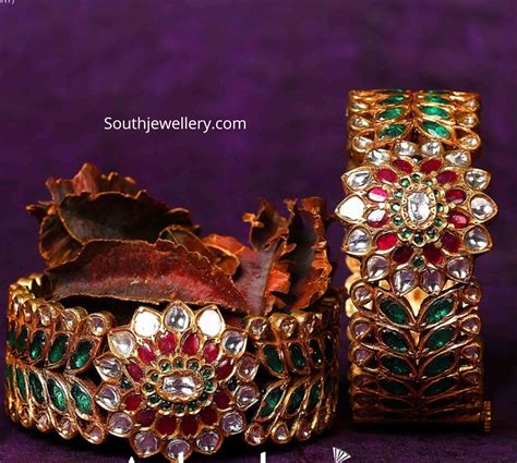 22k Gold Antique Broad Kundan Kadas Studded With Rubies Emeralds And