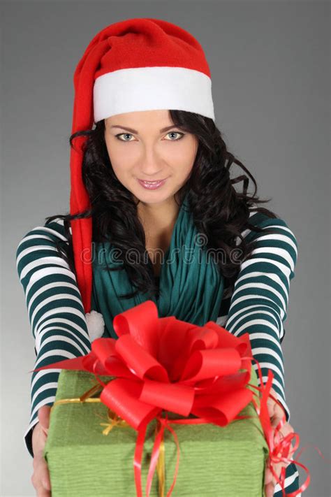 Attractive Girl In Santa Hat With T Stock Image Image Of Dress Grey 28105135