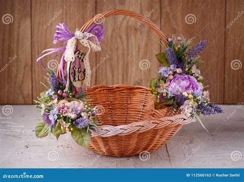 Decorative Basket Decorated With Flowers Stock Image Image Of Yellow