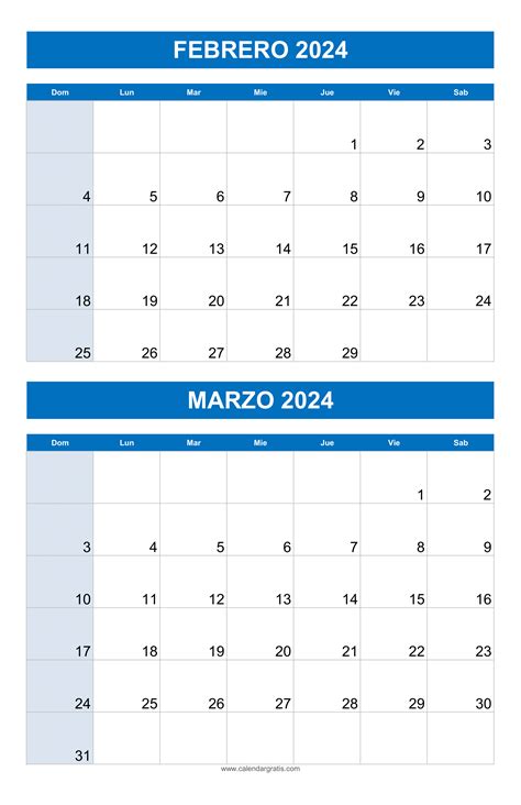 Calendario Febrero Marzo 2024