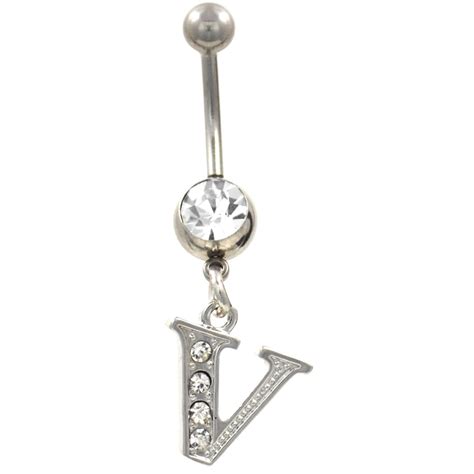 Initial Letter V Clear Gems Belly Button Ring