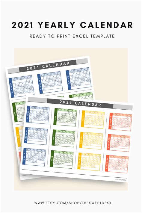 Editable 2021 Excel Yearly Calendar Template Printable Modern Annual