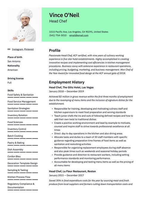 Chef Resume Template Free 2021 Management