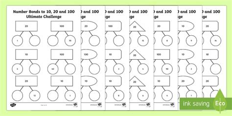Number Bonds to 10, 20 and 100 Ultimate Challenge Worksheet