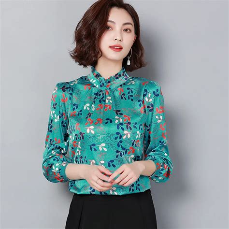 Green Pink Flower Tops And Blouses Spring Autumn Women Long Sleeve Floral Print Top Blouse