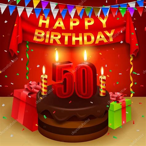 Happy 50th Birthday With Chocolate Cream Cake And Triangular Flag Stock