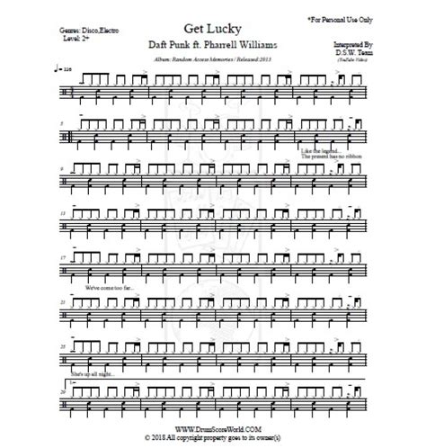 Daft Punk Get Lucky Drum Score Drum Sheet Drum Note Drum Transcription Score De Tambour