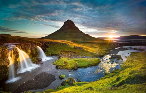 Wallpaper The Sun River Mountain Waterfall Morning Iceland