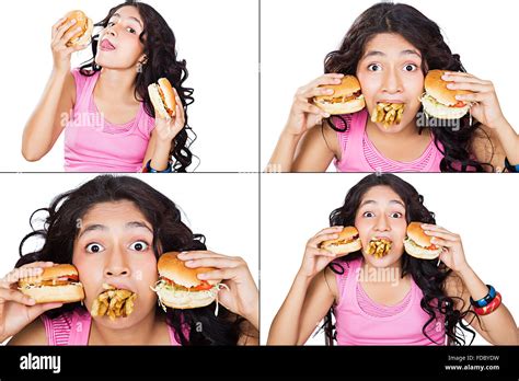 1 Indian Teenager Girl Hungry Eating Burger Facial Expression Montage