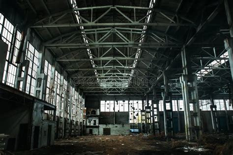 Abandoned Large Industrial Hall Or Warehouse With Garbage Manufactory