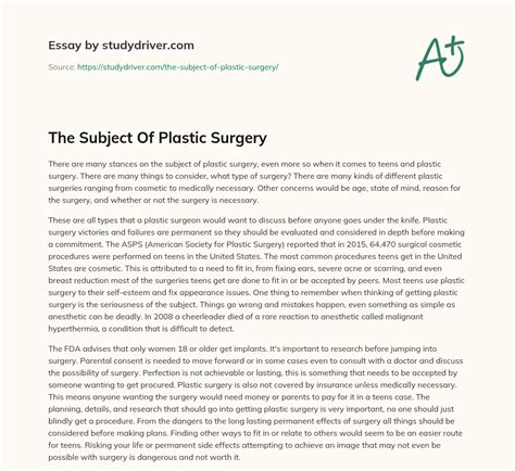 The Subject Of Plastic Surgery Free Essay Example