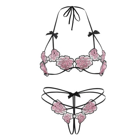Women Embroidery Flowers Lace Sex Underwear Night Passion Set Sexy