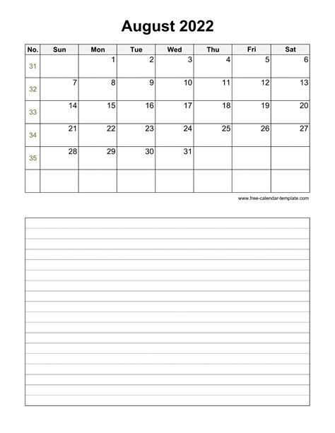 Printable August 2022 Calendar With Space For Appointments Vertical