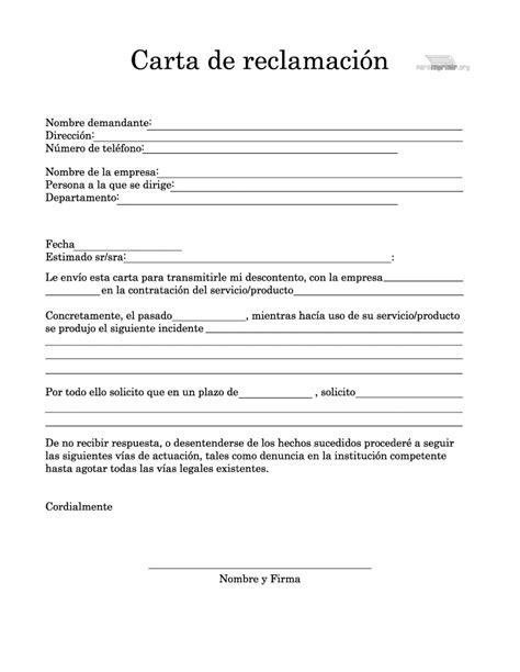 Carta de reclamación para imprimir en PDF