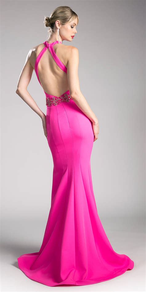 Cinderella Divine 11978 Hot Pink Halter Mermaid Long Prom Dress With
