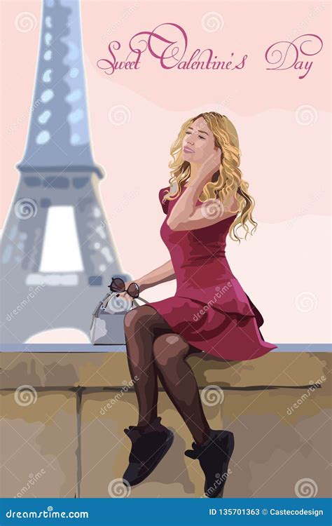 Girl In Paris Romantic Vector Eiffel Tower On Background Cartoon