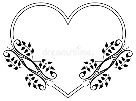 Heart Shaped Black And White Frame With Floral Silhouettes Stock