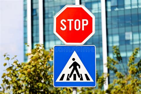 Stop And Pedestrian Signs Stock Photo Image Of Pedestrian 72828328