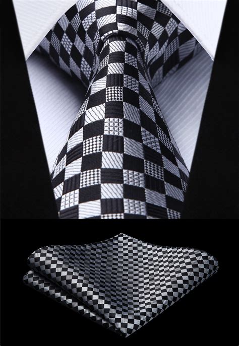 Woven Men Tie Fashion Black White Check Plaid Necktie Handkerchief Set